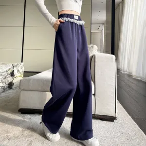 Chic Women's Straight Leg Pants with Drawstring Cuffs and Lace Trim