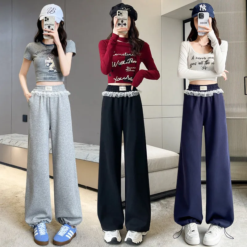 Chic Women's Straight Leg Pants with Drawstring Cuffs and Lace Trim