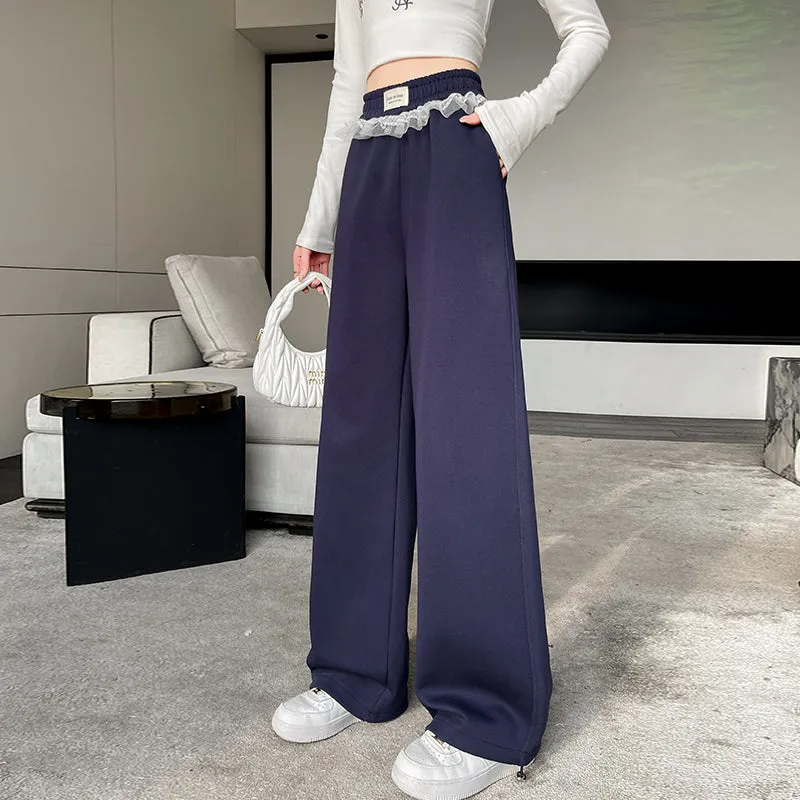Chic Women's Straight Leg Pants with Drawstring Cuffs and Lace Trim