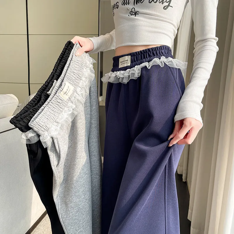 Chic Women's Straight Leg Pants with Drawstring Cuffs and Lace Trim