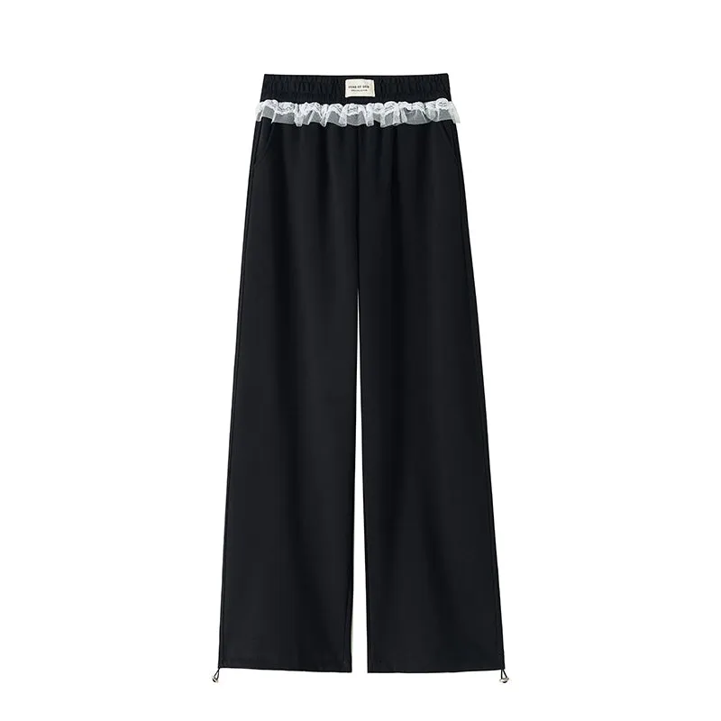 Chic Women's Straight Leg Pants with Drawstring Cuffs and Lace Trim