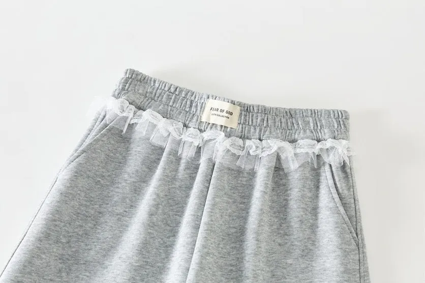 Chic Women's Straight Leg Pants with Drawstring Cuffs and Lace Trim