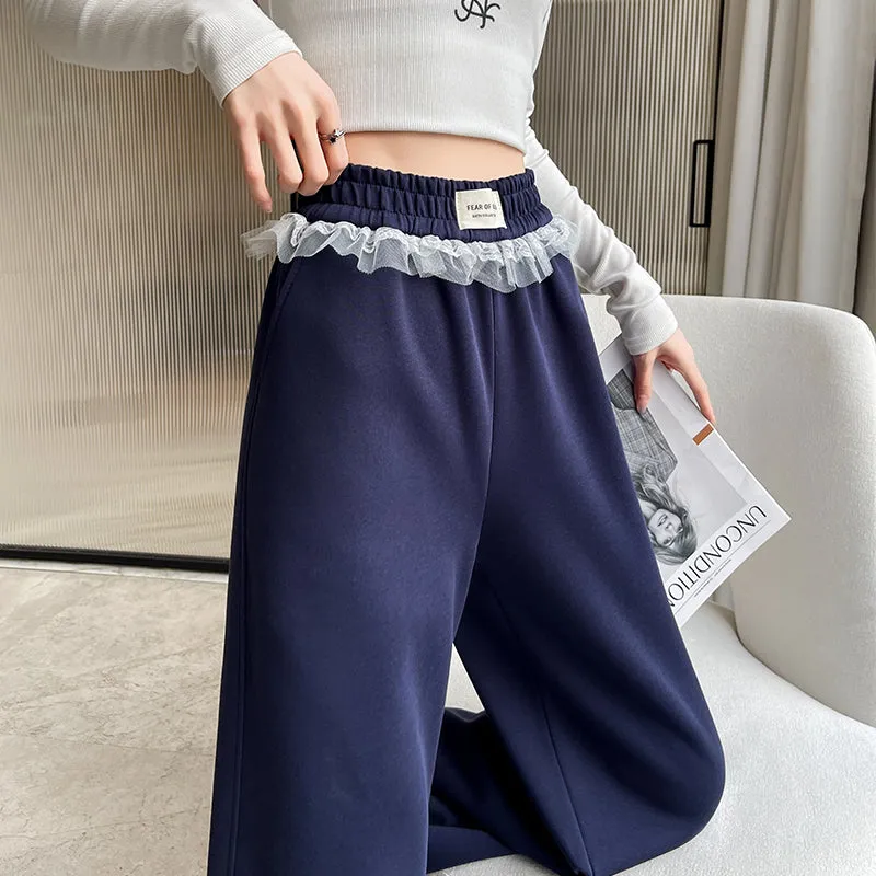 Chic Women's Straight Leg Pants with Drawstring Cuffs and Lace Trim