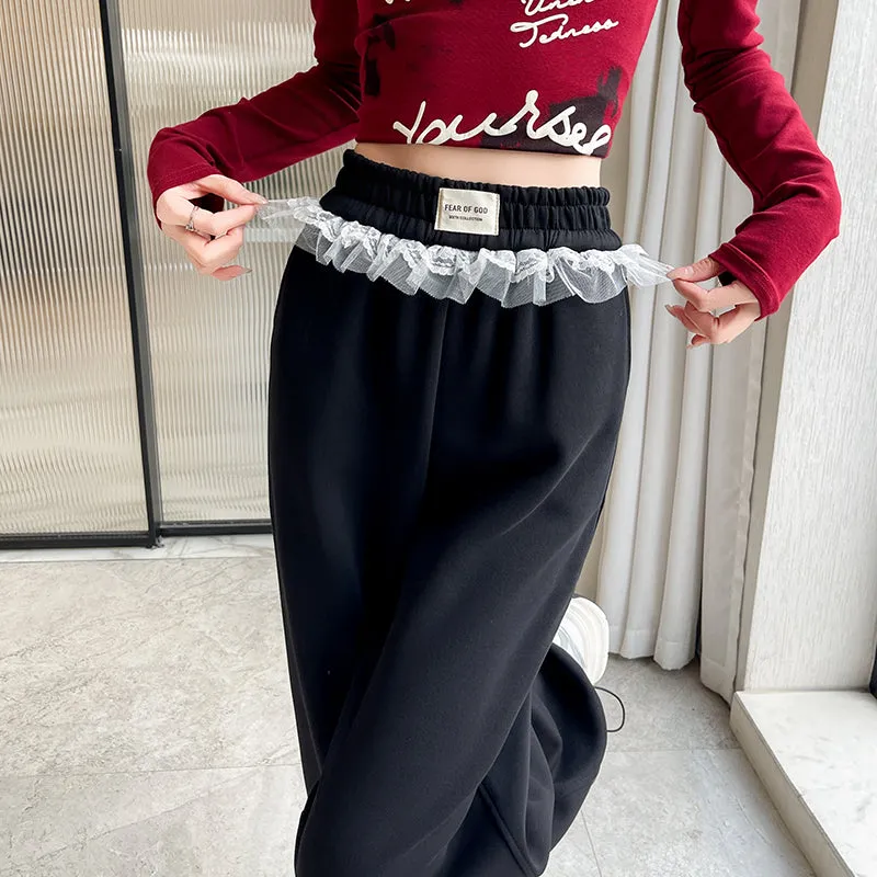 Chic Women's Straight Leg Pants with Drawstring Cuffs and Lace Trim