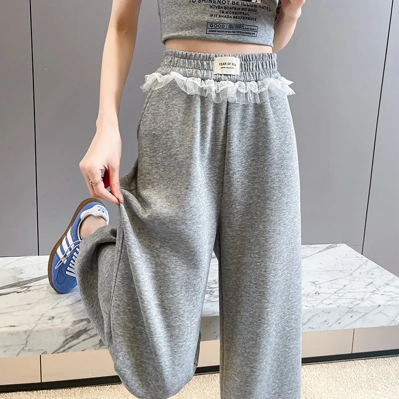 Chic Women's Straight Leg Pants with Drawstring Cuffs and Lace Trim