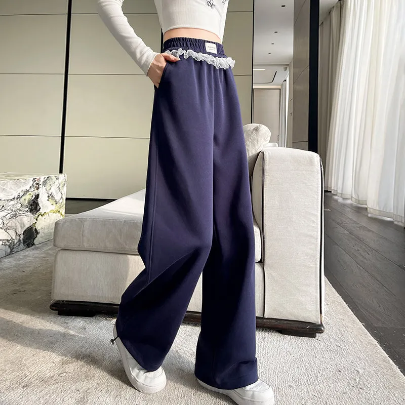 Chic Women's Straight Leg Pants with Drawstring Cuffs and Lace Trim