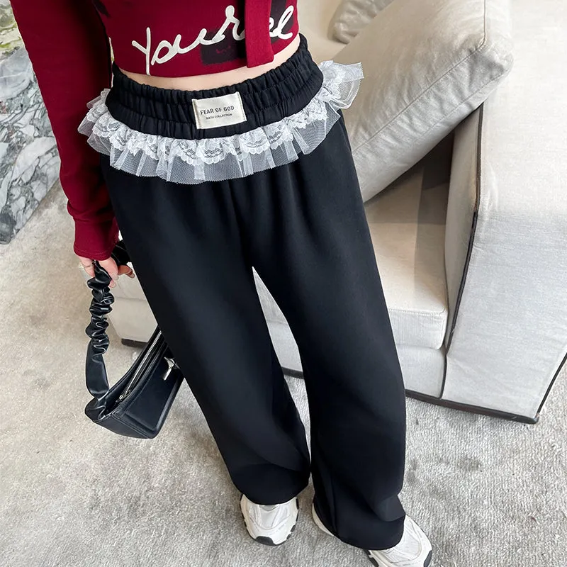 Chic Women's Straight Leg Pants with Drawstring Cuffs and Lace Trim