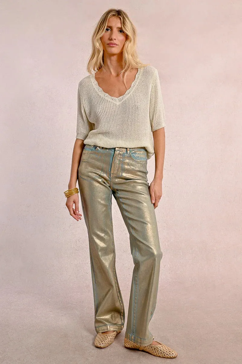 Coated Straight Pants - Turquoise