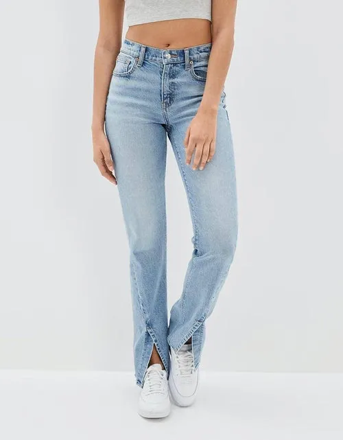 Commuter Split Straight Pants Fashionable Stretch Washed Jeans Women