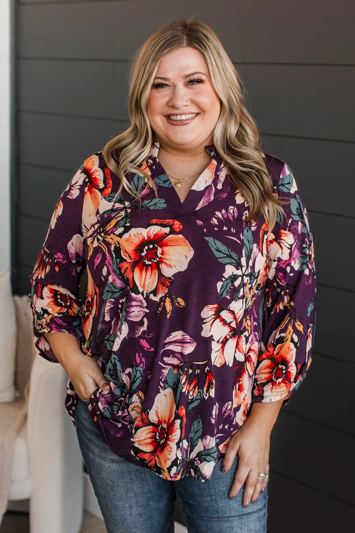 Consistently Cute Floral V-Neck Top- Eggplant