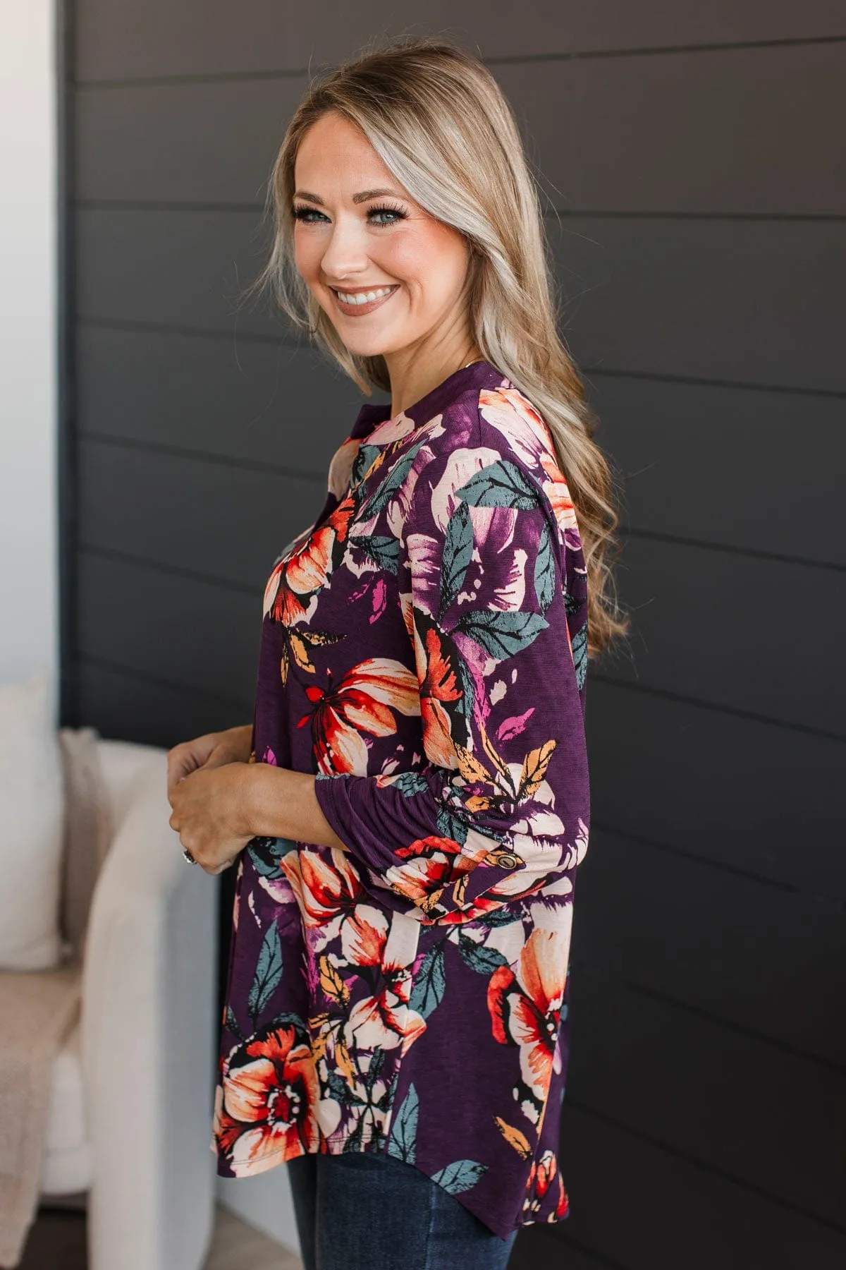Consistently Cute Floral V-Neck Top- Eggplant