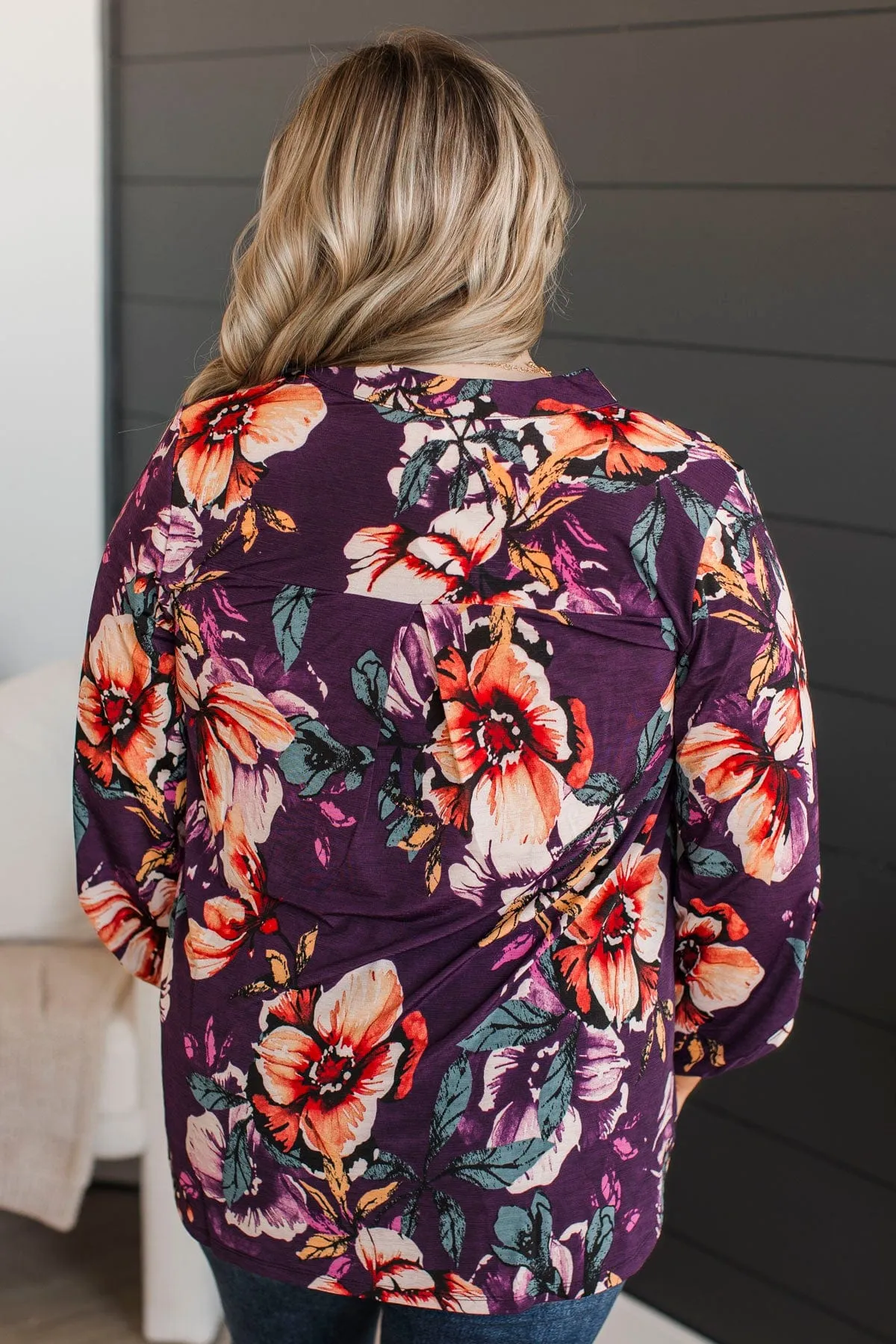 Consistently Cute Floral V-Neck Top- Eggplant