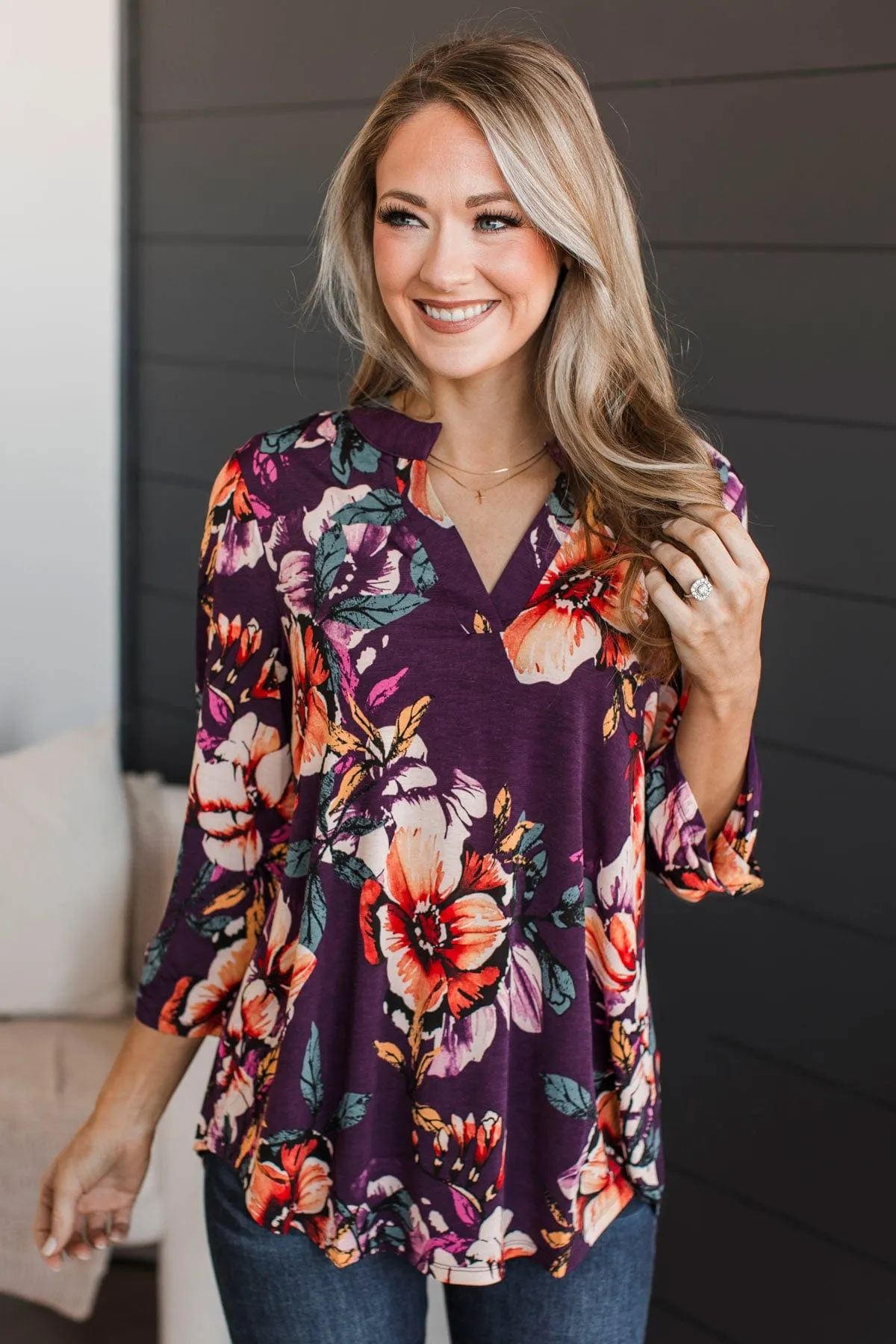 Consistently Cute Floral V-Neck Top- Eggplant