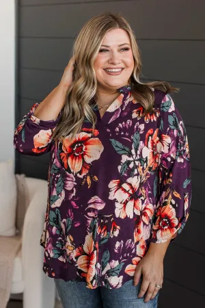 Consistently Cute Floral V-Neck Top- Eggplant