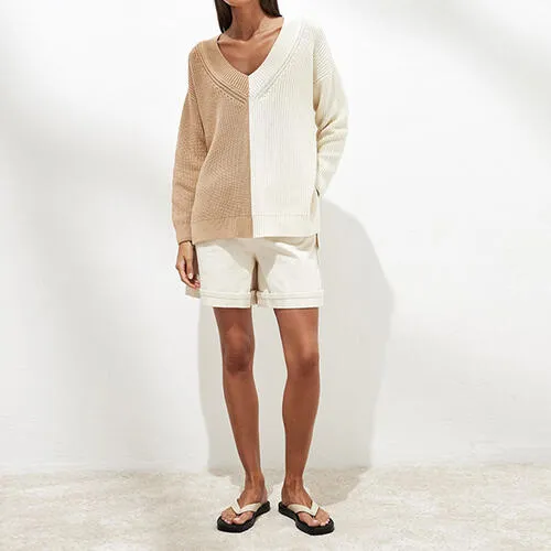 Contrast V-Neck Drop Shoulder Slit Sweater (2 Colors)