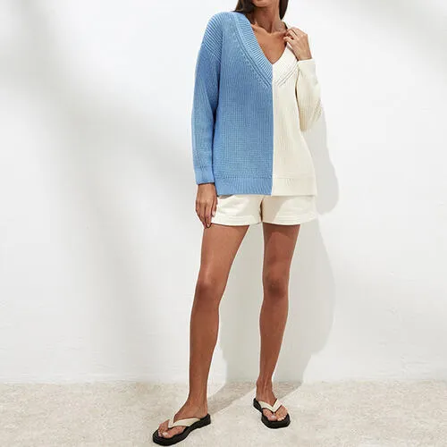 Contrast V-Neck Drop Shoulder Slit Sweater (2 Colors)