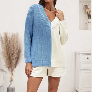 Contrast V-Neck Drop Shoulder Slit Sweater (2 Colors)
