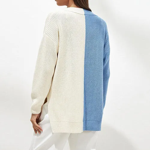 Contrast V-Neck Drop Shoulder Slit Sweater (2 Colors)