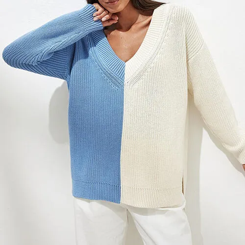 Contrast V-Neck Drop Shoulder Slit Sweater (2 Colors)