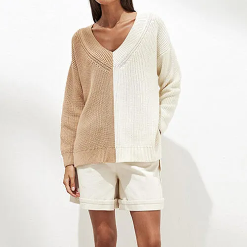 Contrast V-Neck Drop Shoulder Slit Sweater (2 Colors)