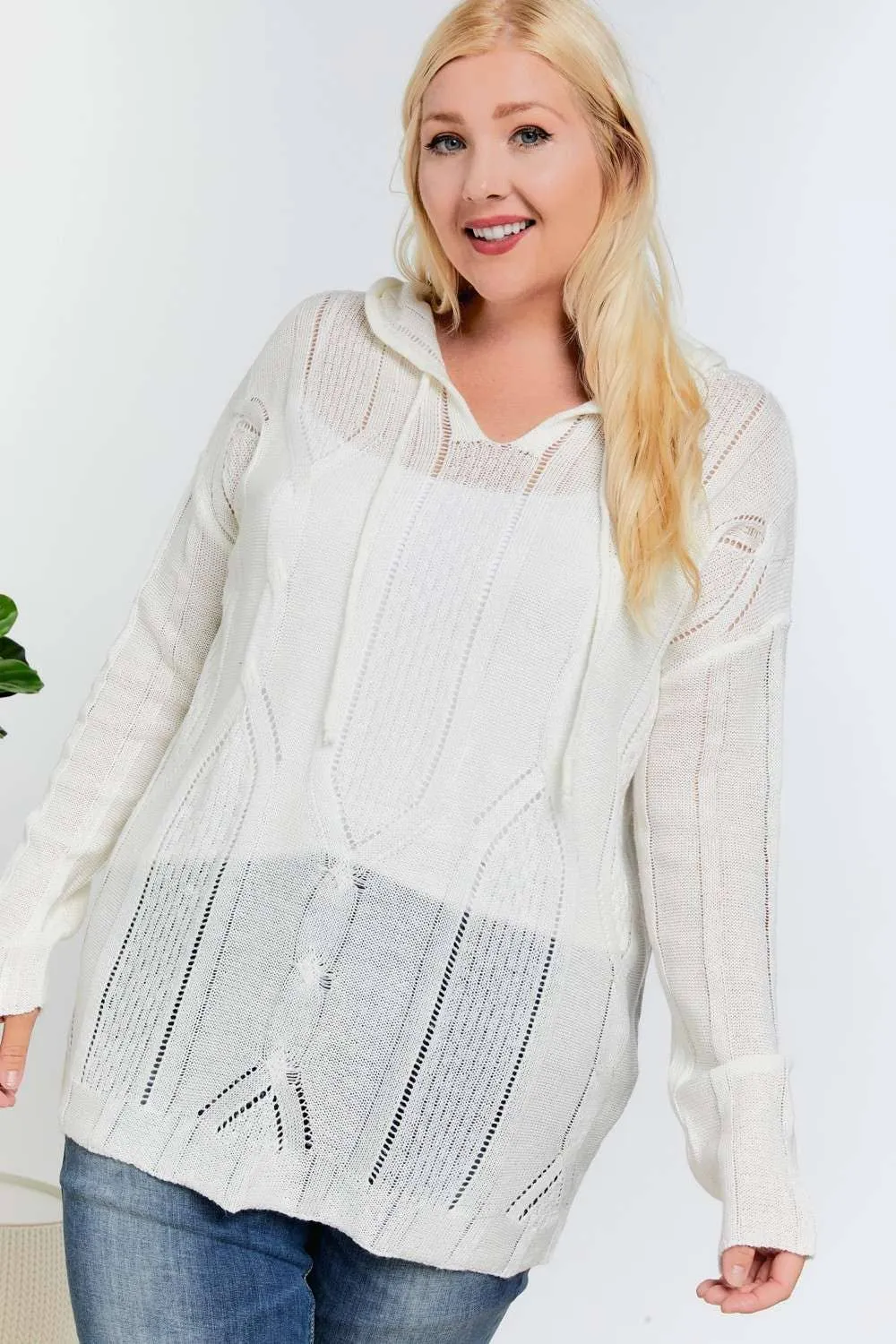 Cream Plus Solid V Neck Long Sleeve DD Hoodie