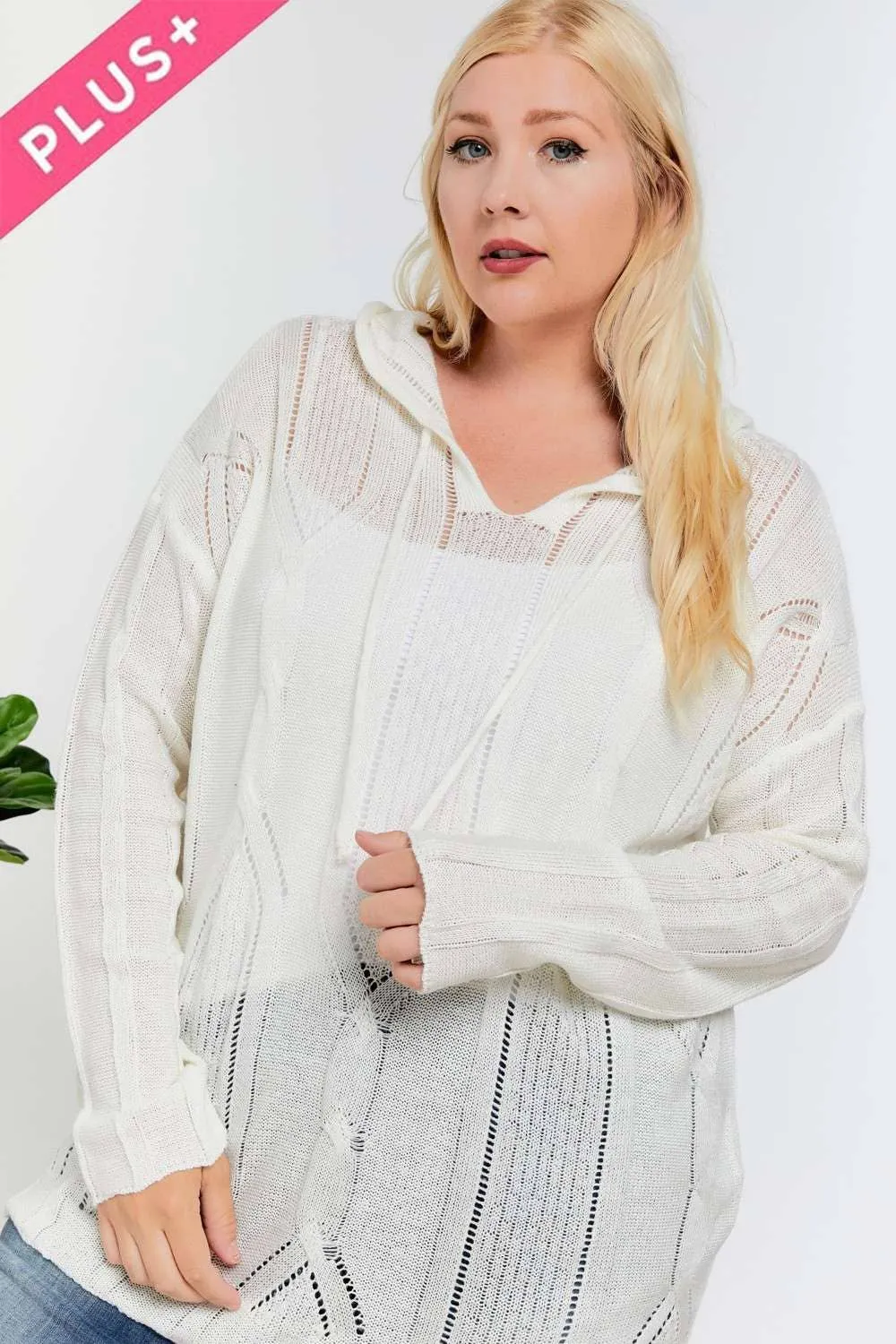 Cream Plus Solid V Neck Long Sleeve DD Hoodie