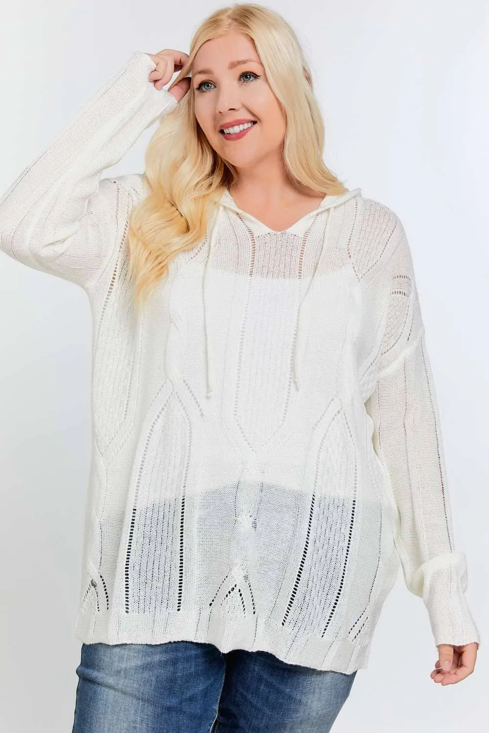Cream Plus Solid V Neck Long Sleeve DD Hoodie