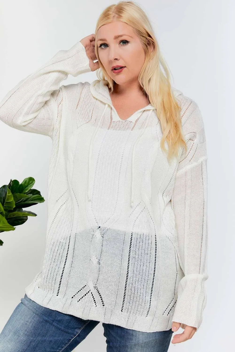Cream Plus Solid V Neck Long Sleeve DD Hoodie