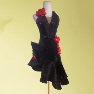 Custom size black with red flowers Latin Dance Competition dresses black gemstones bling salsa rumba chacha performance clothes