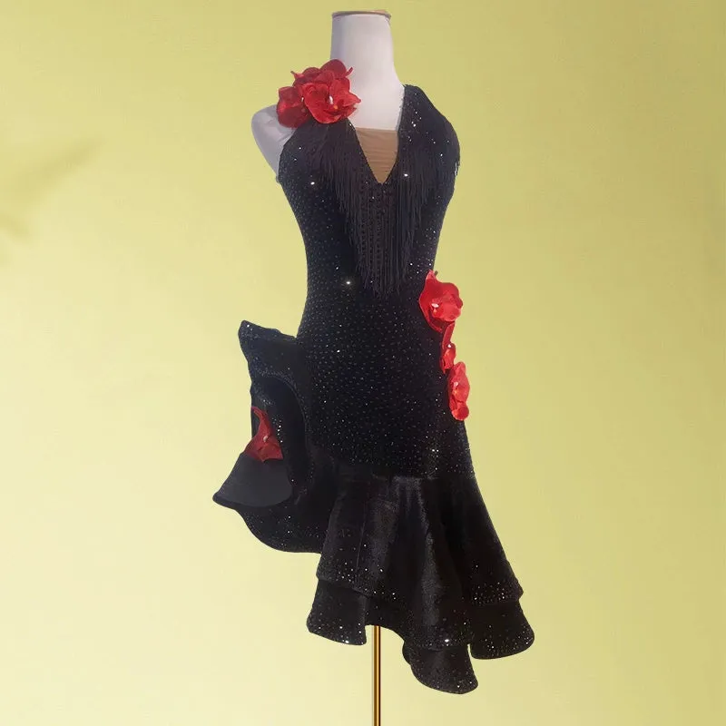 Custom size black with red flowers Latin Dance Competition dresses black gemstones bling salsa rumba chacha performance clothes