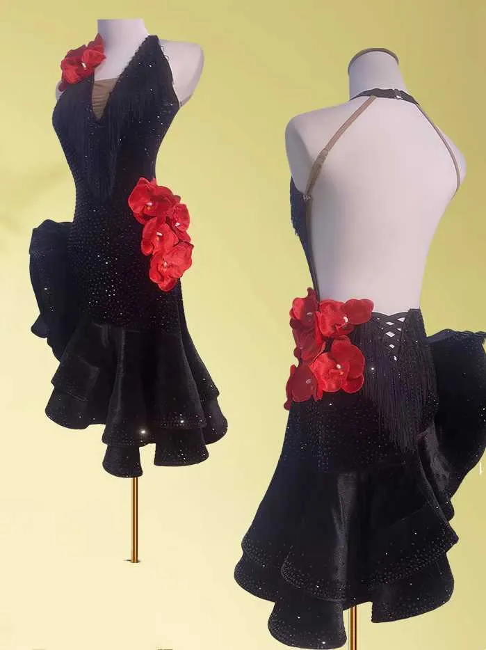 Custom size black with red flowers Latin Dance Competition dresses black gemstones bling salsa rumba chacha performance clothes
