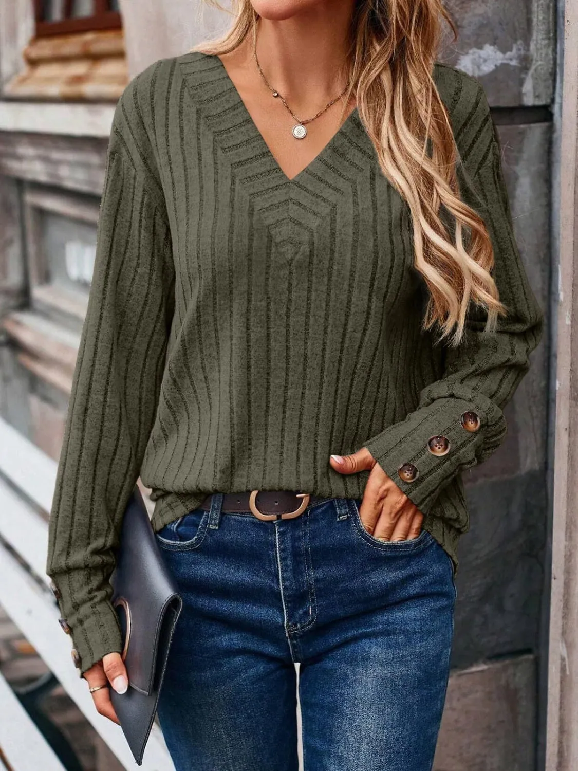 Debra Ribbed V-Neck Long Sleeve Top