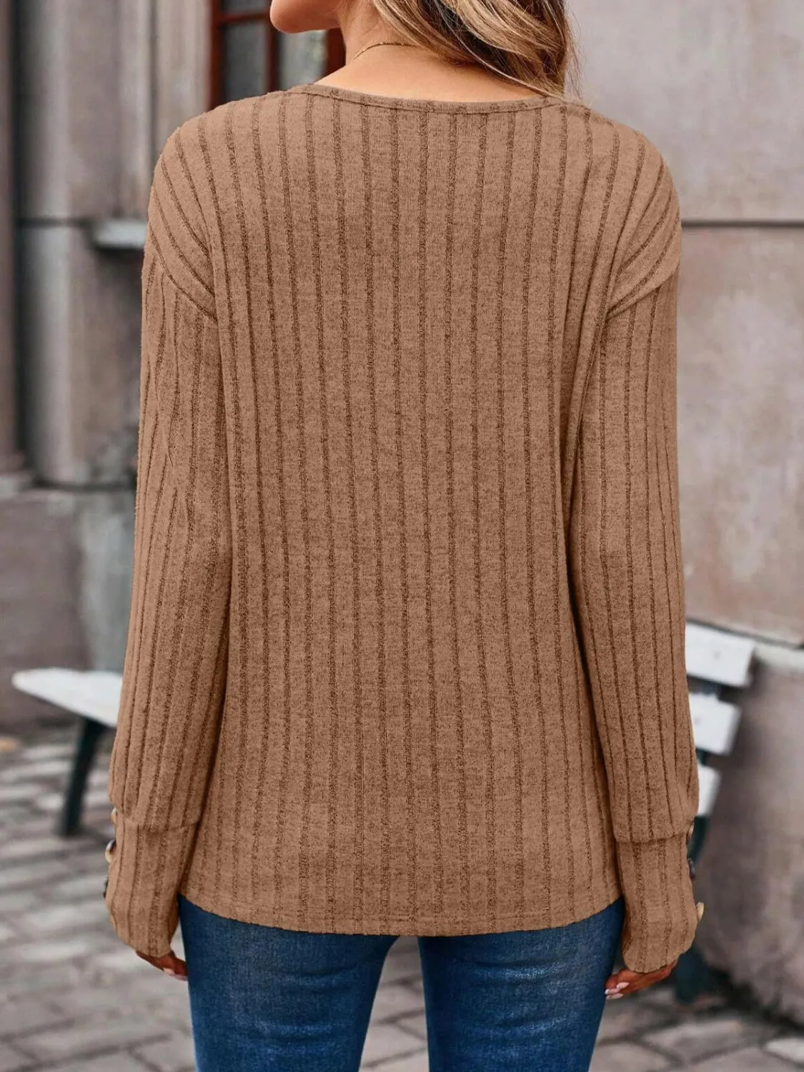 Debra Ribbed V-Neck Long Sleeve Top