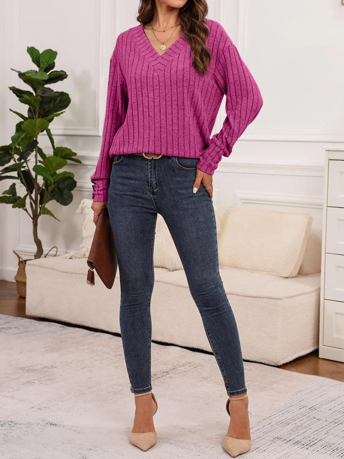 Debra Ribbed V-Neck Long Sleeve Top