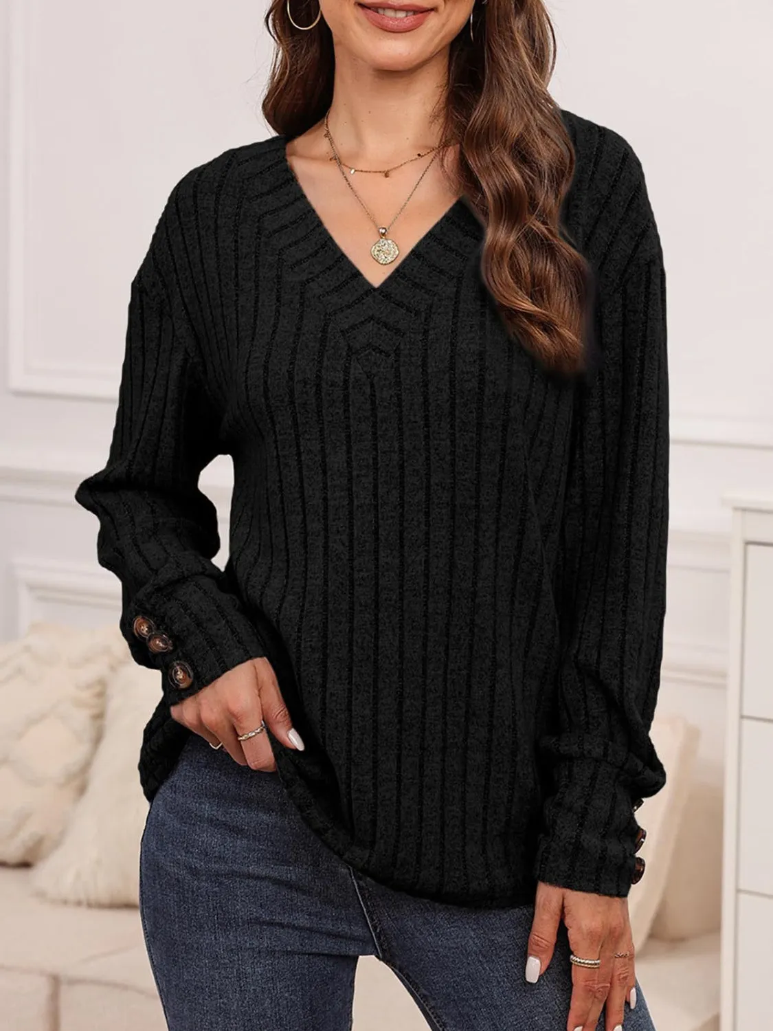Debra Ribbed V-Neck Long Sleeve Top