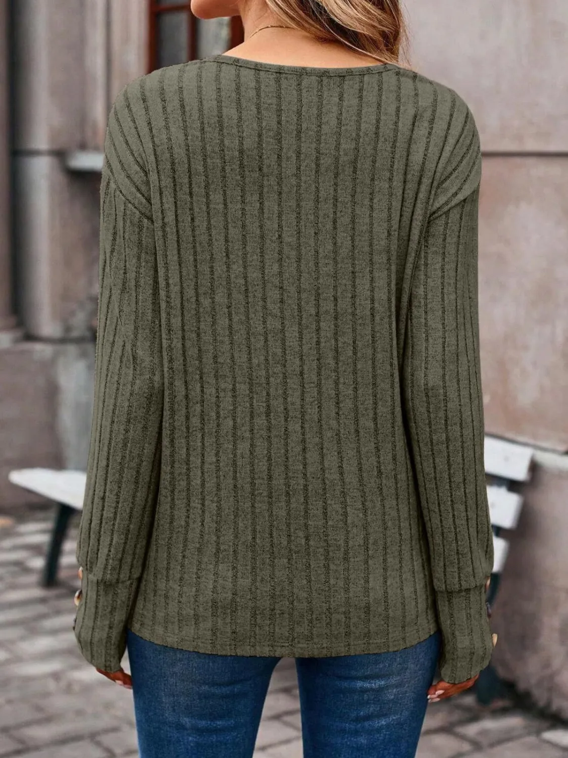 Debra Ribbed V-Neck Long Sleeve Top