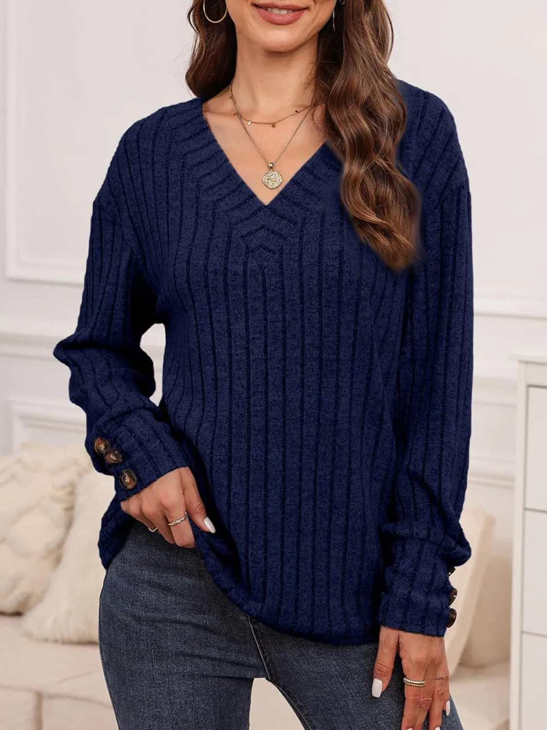 Debra Ribbed V-Neck Long Sleeve Top