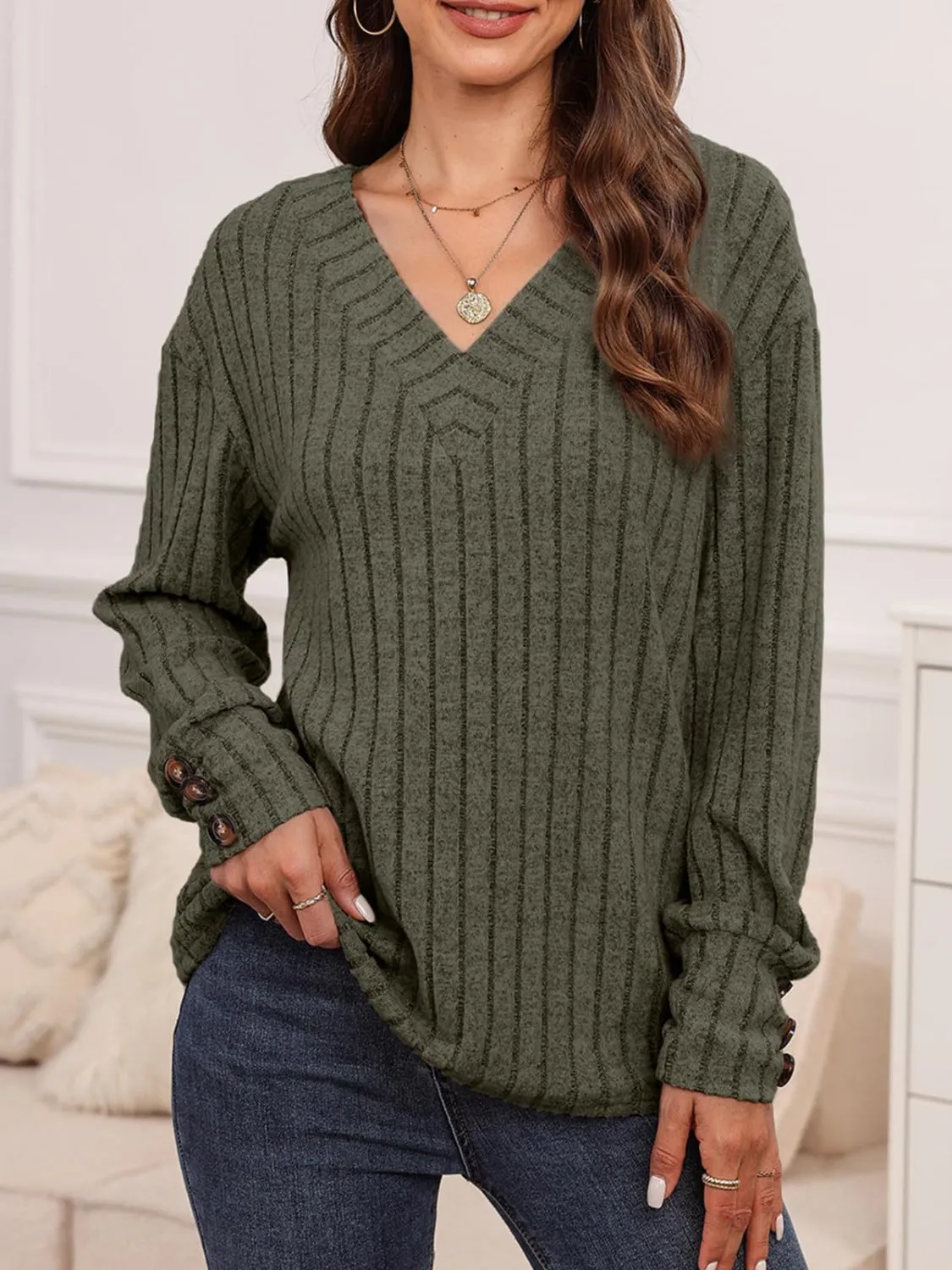 Debra Ribbed V-Neck Long Sleeve Top