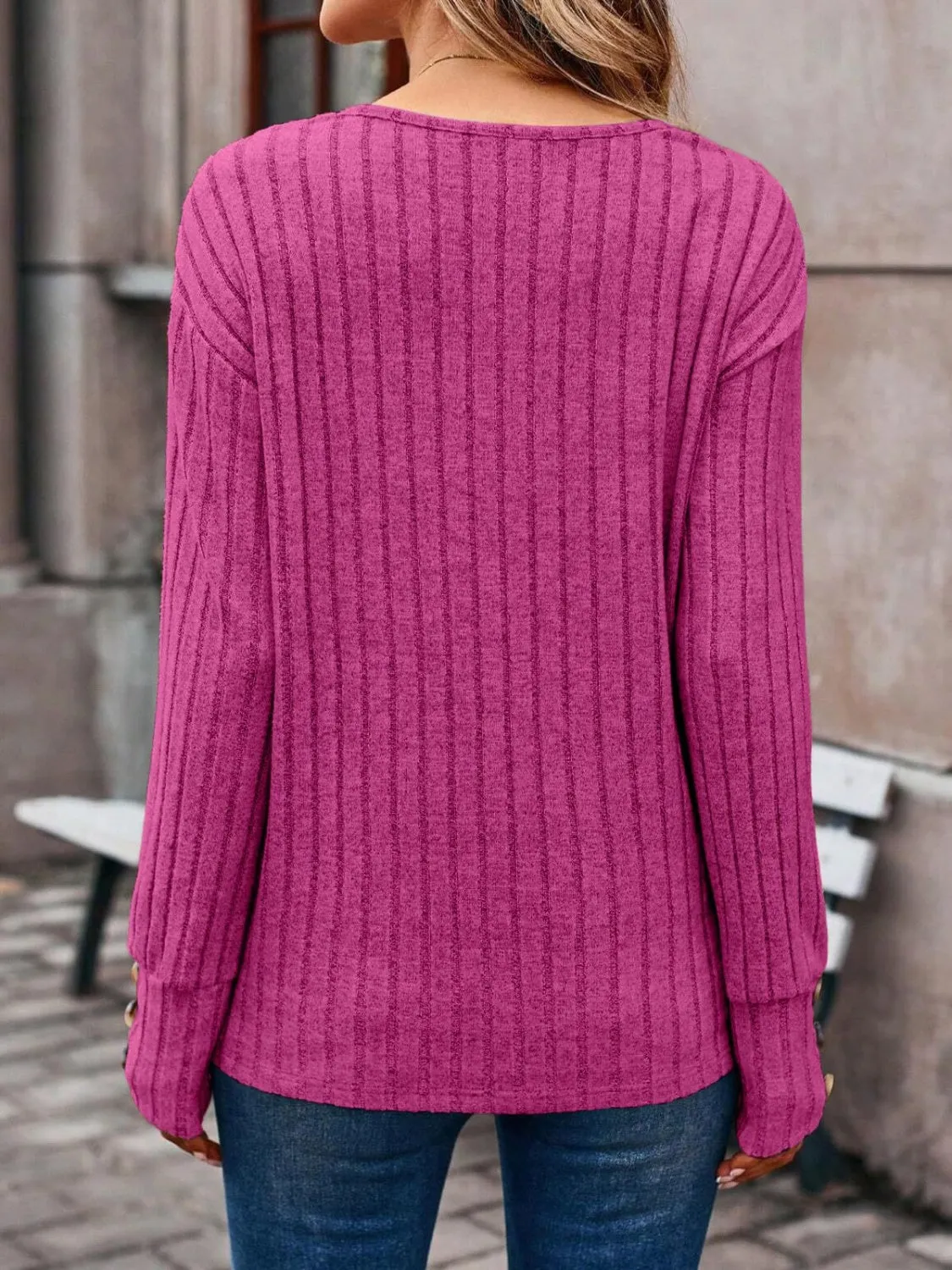 Debra Ribbed V-Neck Long Sleeve Top