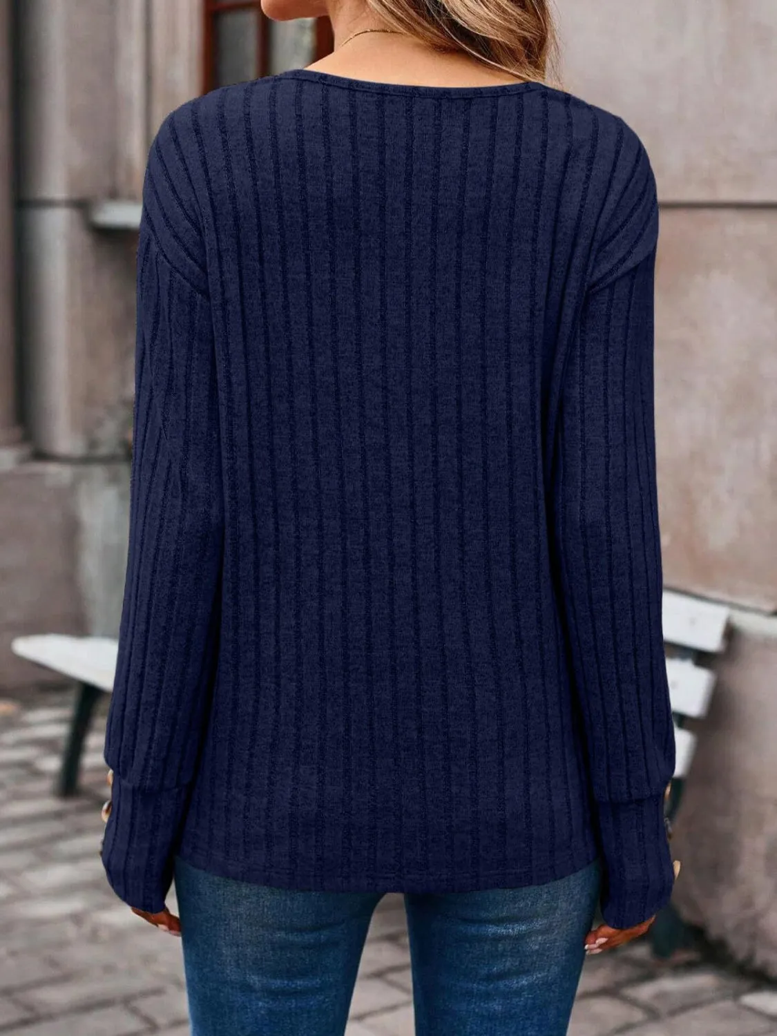 Debra Ribbed V-Neck Long Sleeve Top