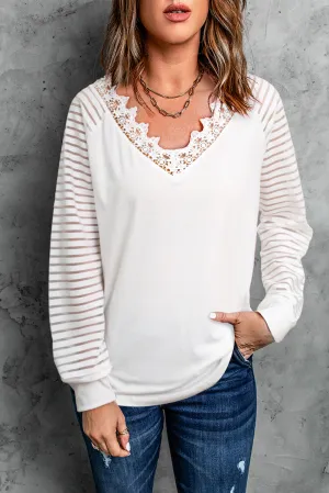 Deep V-neck Lace Stripe Long Sleeve Top