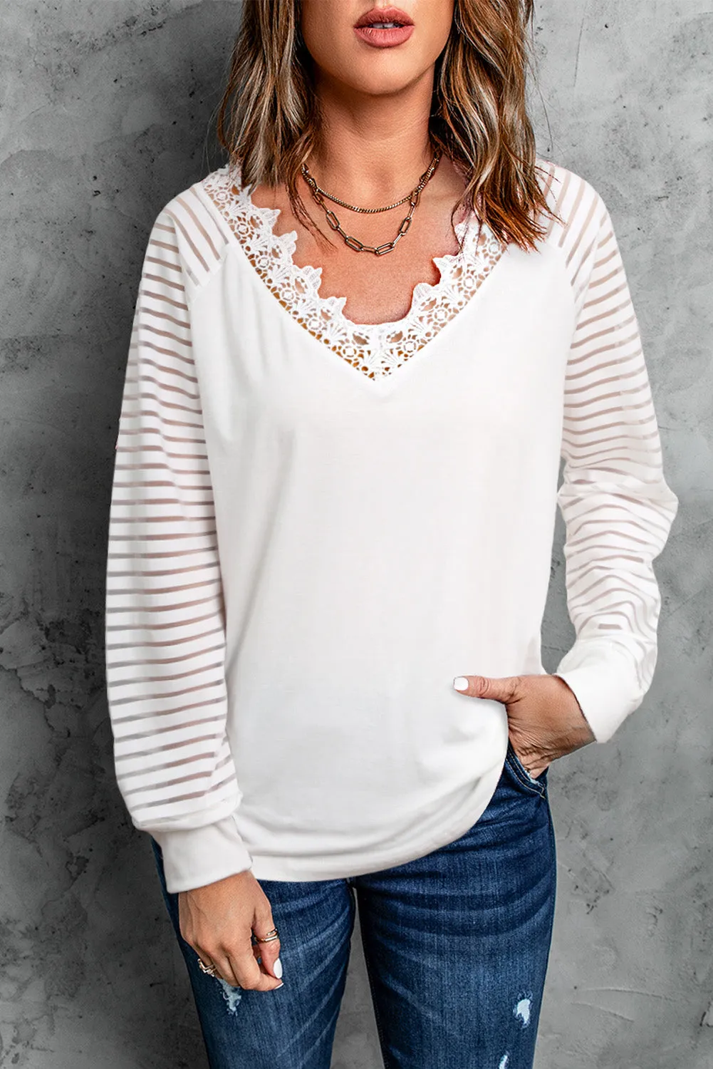 Deep V-neck Lace Stripe Long Sleeve Top