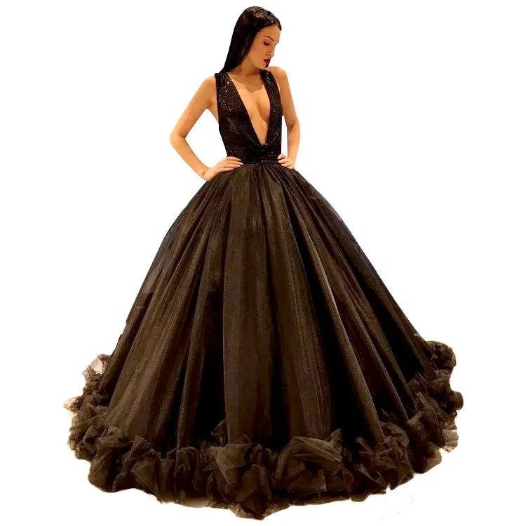 Deep V Sleeveless Sexy Ball Gown Black Evening Party Dress For Ladies