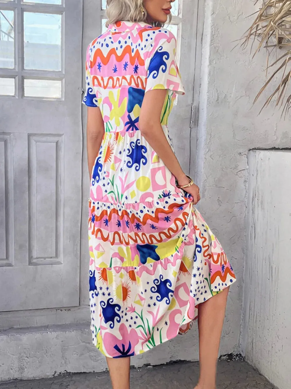 Devine Printed Johnny Collar Button Down Short Sleeve Midi Shirt Dress
