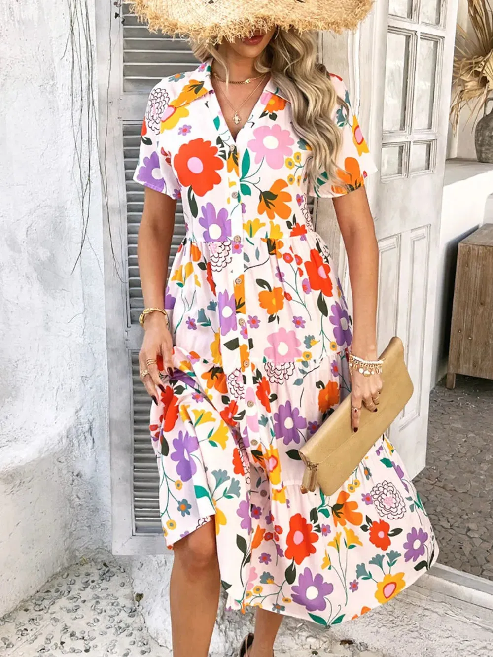 Devine Printed Johnny Collar Button Down Short Sleeve Midi Shirt Dress