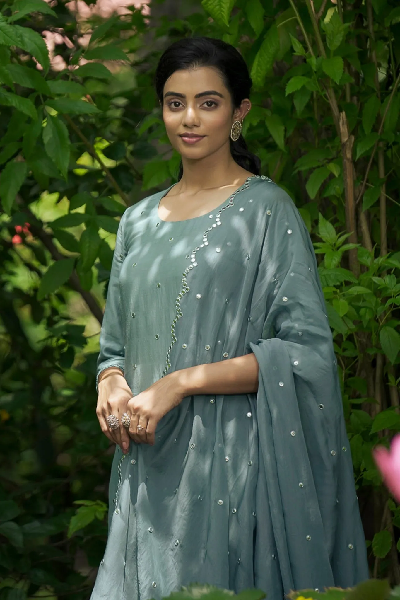 Dusty Green Royal Viscose Muslin Straight Kurta Suit Set.
