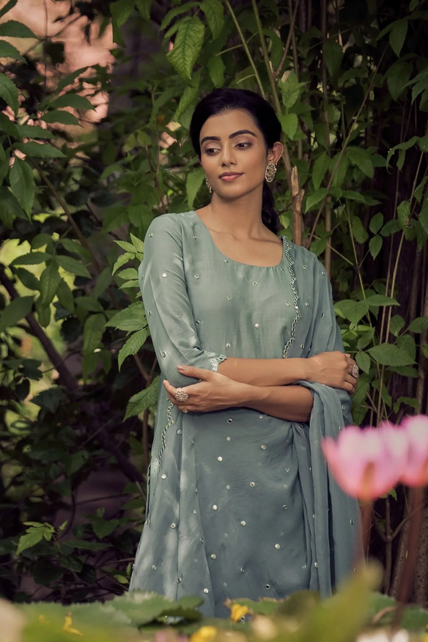 Dusty Green Royal Viscose Muslin Straight Kurta Suit Set.