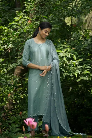 Dusty Green Royal Viscose Muslin Straight Kurta Suit Set.