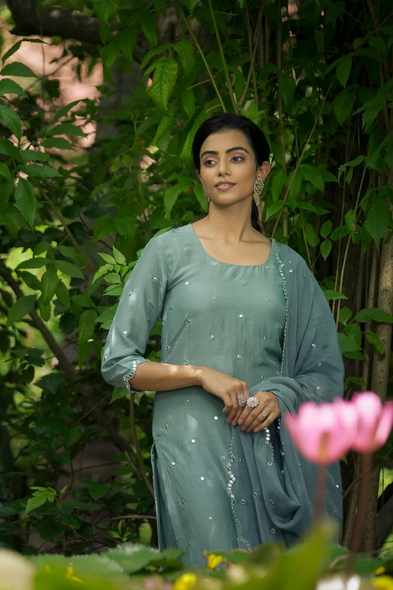Dusty Green Royal Viscose Muslin Straight Kurta Suit Set.