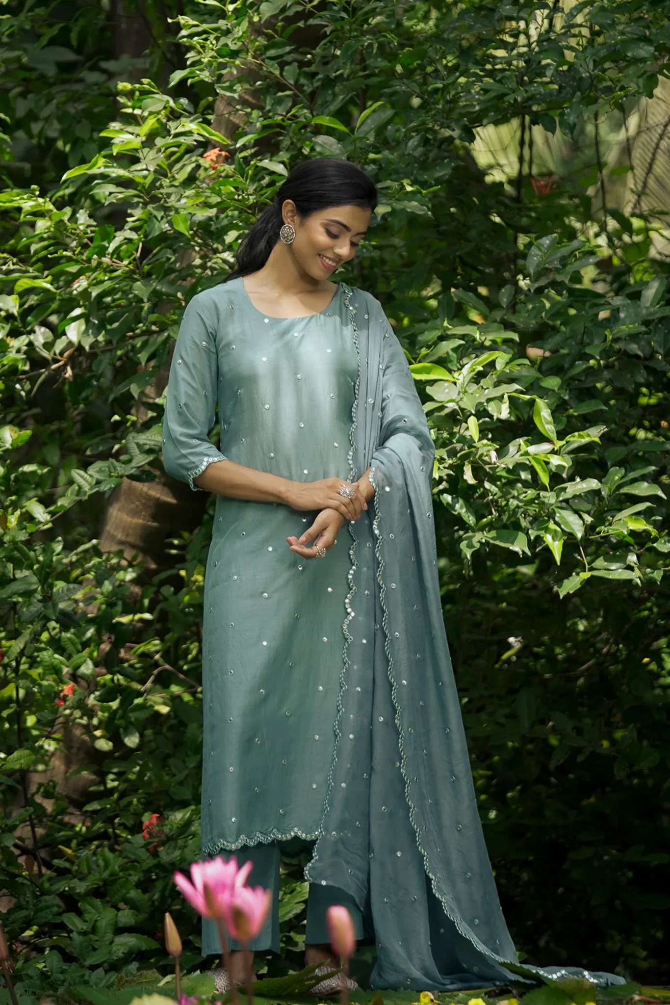 Dusty Green Royal Viscose Muslin Straight Kurta Suit Set.